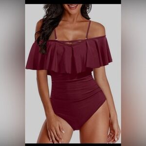 NEW Holipick Red Ruffle‎ Off The Shoulder One Piece Swimsuit Tummy Control Small